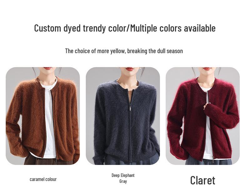 Women's Round Neck 100% Wool Plush Cardigan - Heavyweight, Zipper, Versatile Base Layer Sweater Coat