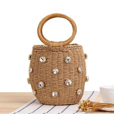 Bolso redondo de mimbre hecho a mano con diamantes para verano, bolso de paja bohemio, bolso de hombro tejido, bolso cruzado con cuentas, bolso de playa, bolso de vacaciones