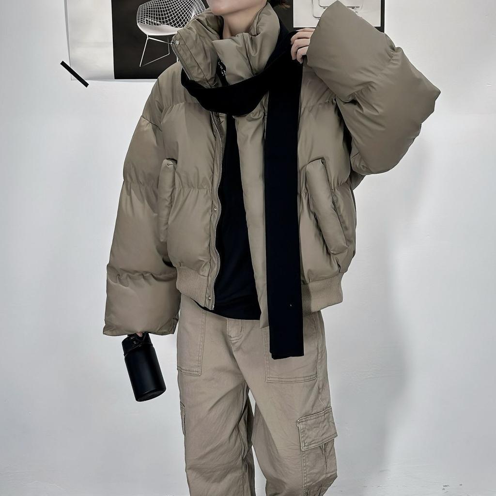 Men's and Women's Vintage PU Leather Puffer Jacket Short Quilted Coat American Retro Stand Collar Unisex Couple Outerwear