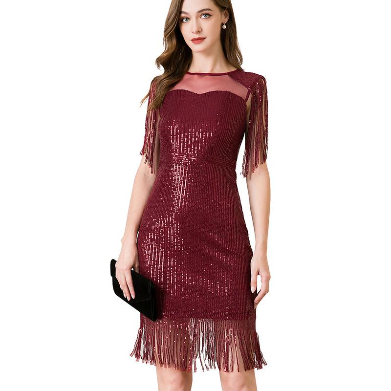 High-waisted Slim-fitting Sequined Tassel Dress Round-neck Mesh Evening Dress