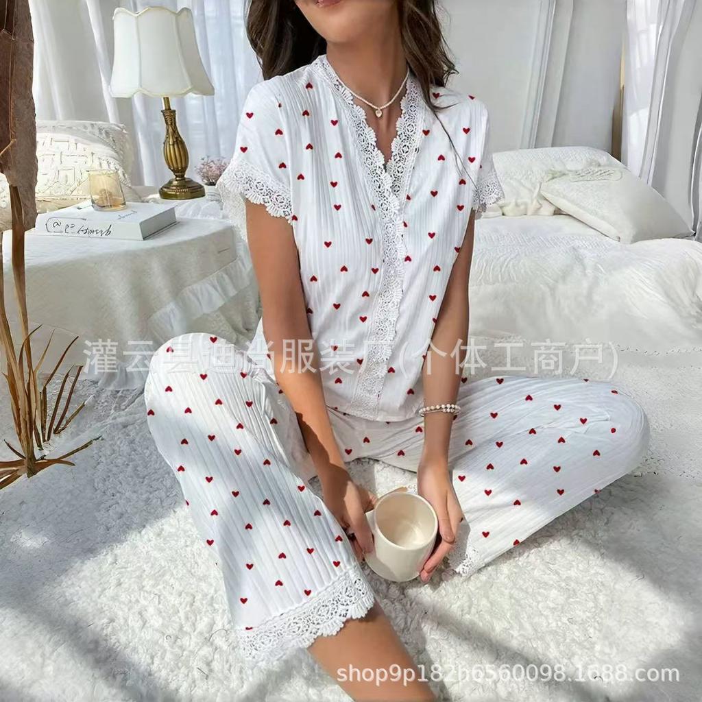 Hot-selling women's loungewear in Europe and America, water-soluble embroidered lace short-sleeved trousers can be worn outside pajamas pajamas
