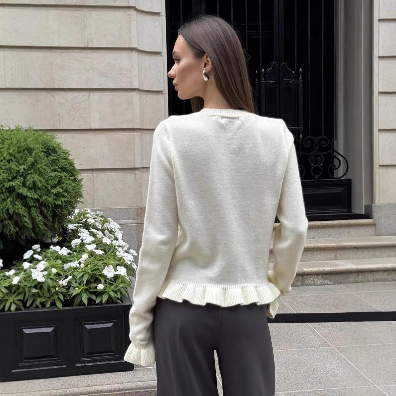 Women S Long Sleeve Ruffled Knit Cardigan Solid Color Casual Sweater