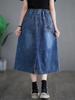 2026 Summer Women's Embroidered Denim Skirt: Elastic Waist, Mid-Length A-line, Retro Artistic Style