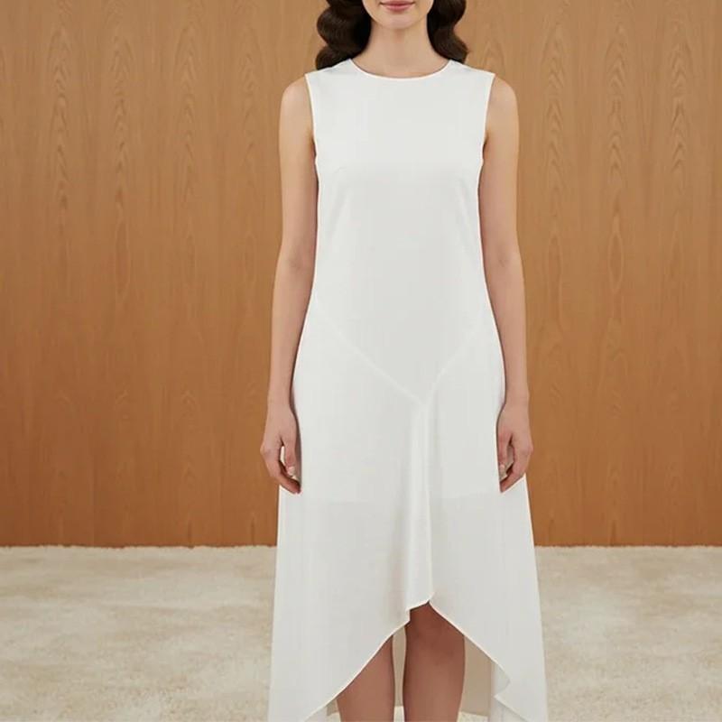 European American Women s Clothing Spring New Style Lazy Pure Color Round Collar Sleeveless Irregular Dress S белый