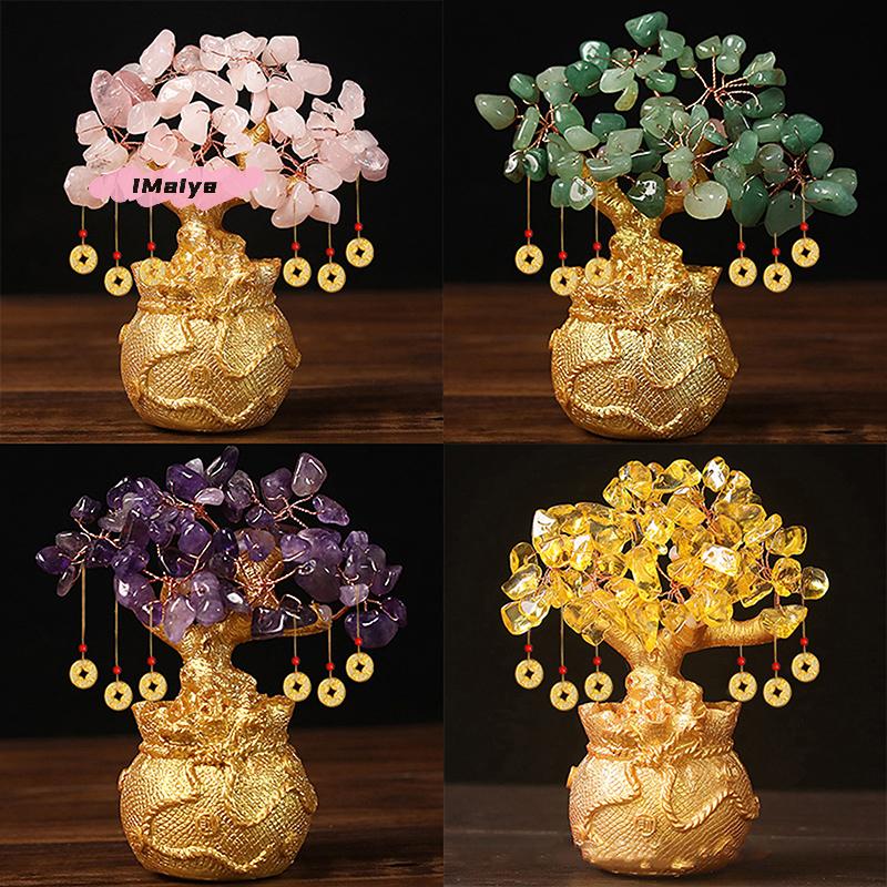 M-New 1PC Lucky Tree Wealth Yellow Crystal Tree Natural Money Tree Ornaments Bonsai Style Wealth Luck Feng Shui Ornaments Craft