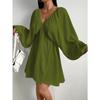 Elegant Fashion Deep V-neck Long Sleeved Women Dress Spring Summer Simple Casual Loose Sexy Solid Color A-line Party Dress Female Office Ladies