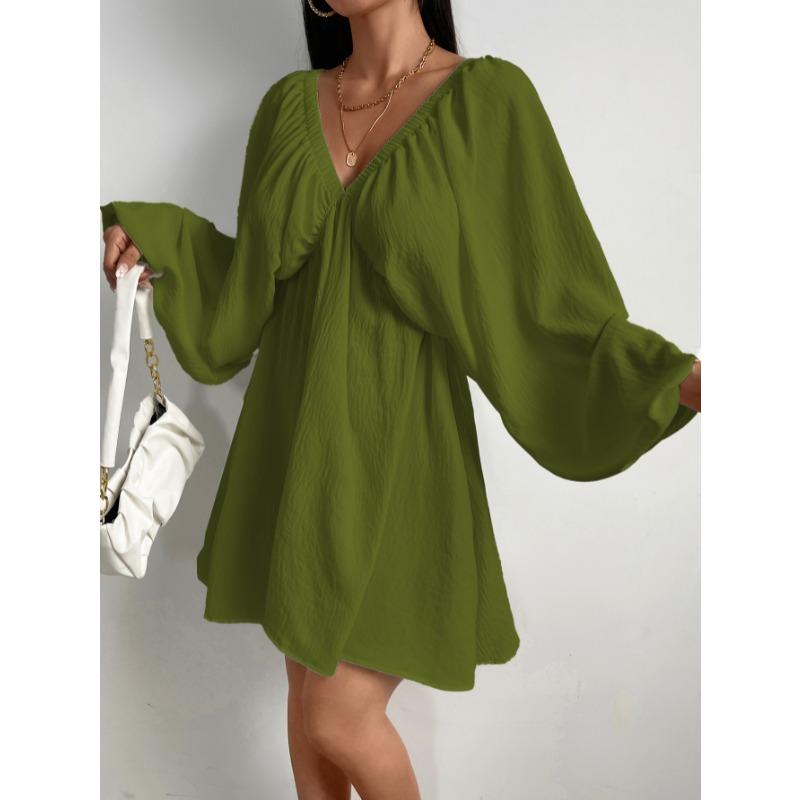 Elegant Fashion Deep V-neck Long Sleeved Women Dress Spring Summer Simple Casual Loose Sexy Solid Color A-line Party Dress Female Office Ladies