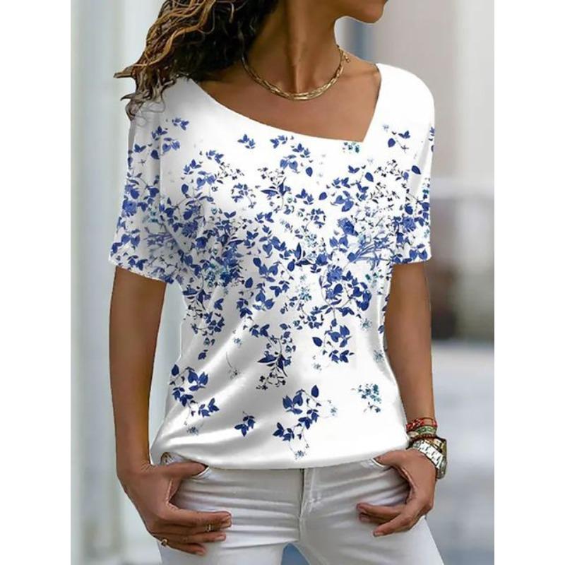 

Модная 3D футболка Цветок Женская футболка с косым вырезом Футболка с коротким рукавом XS