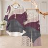 Women Plus Size Printed Two Piece Set Round Neck 3 4 Sleeve High Low Top And Wide Leg Pants