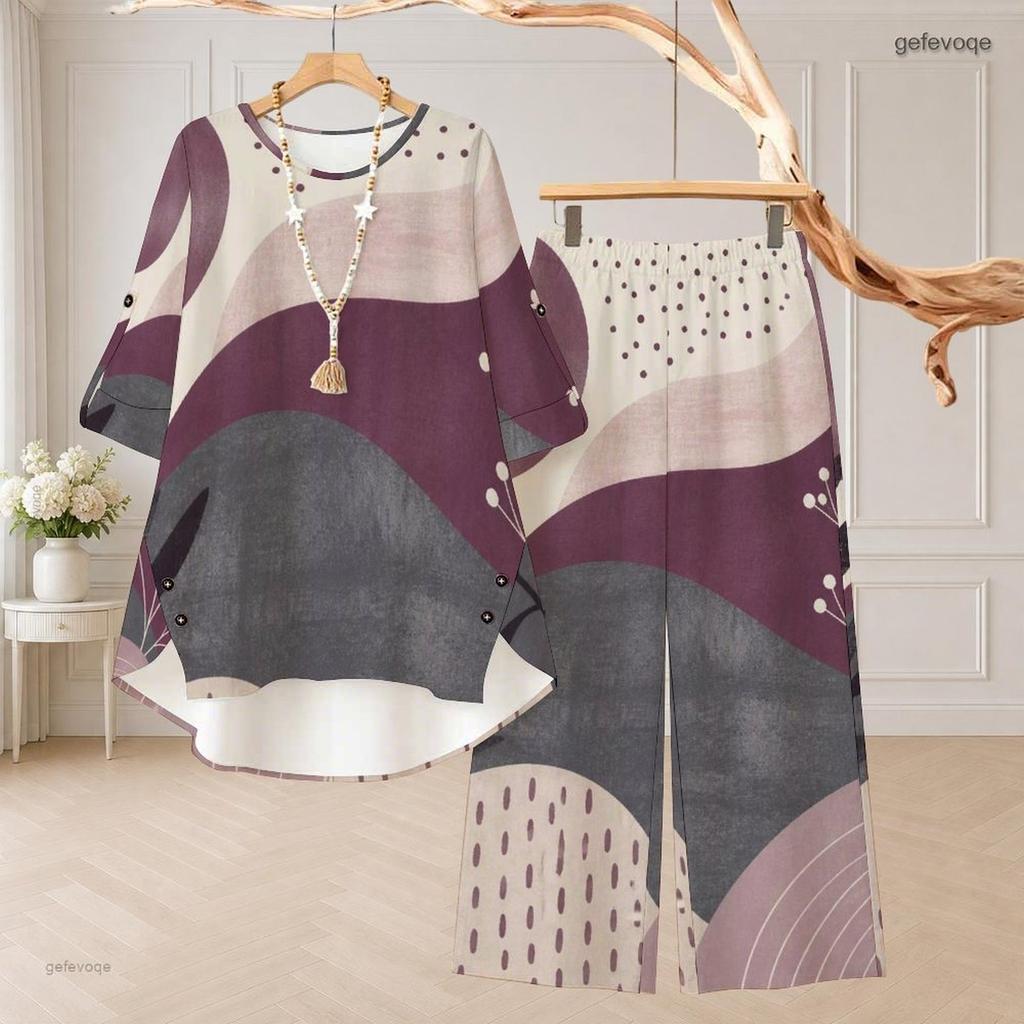 Women Plus Size Printed Two Piece Set Round Neck 3 4 Sleeve High Low Top And Wide Leg Pants