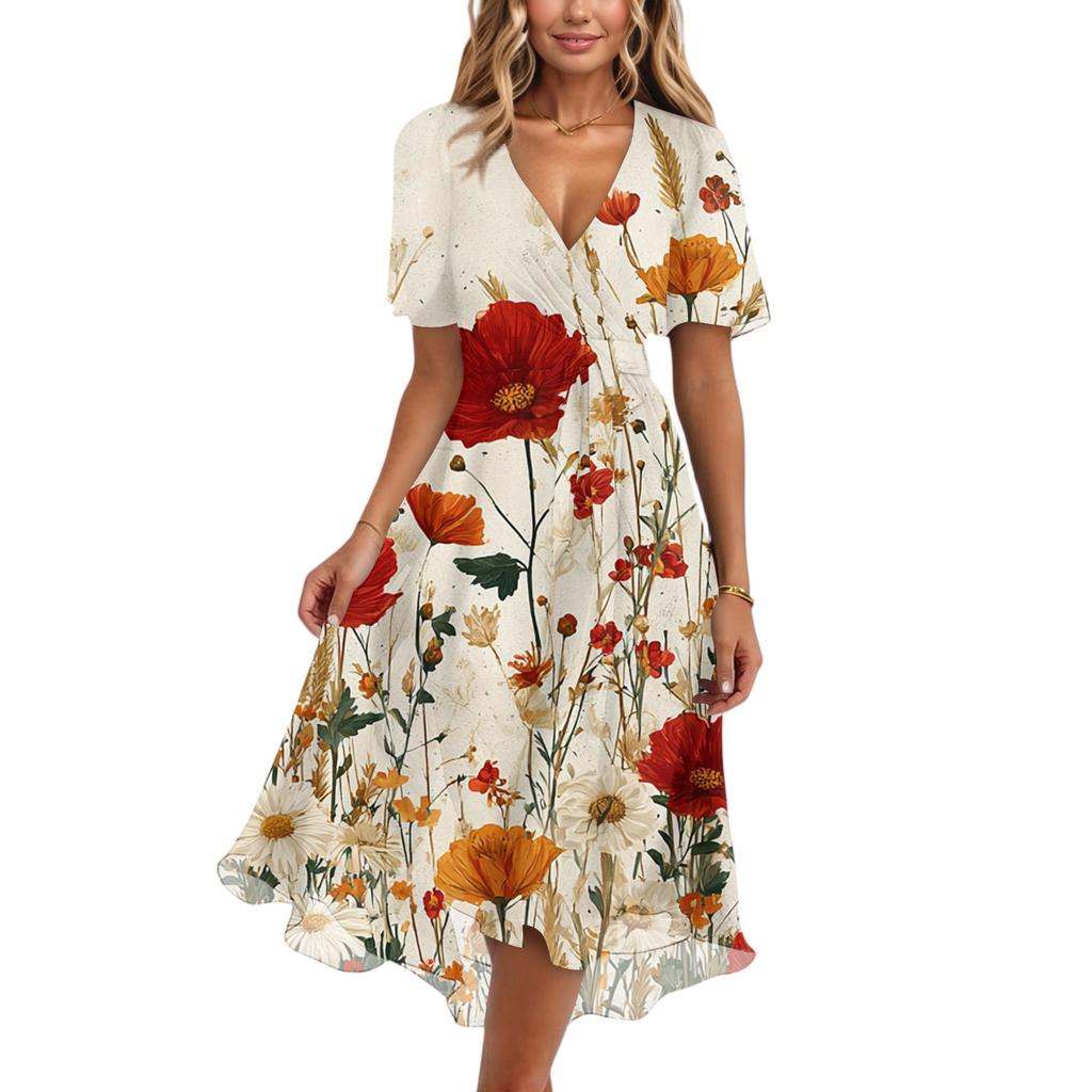 Rochii de damă la modă, casual, cu gât în V, mânecă scurtă, cu volane, vintage, cu imprimeuri