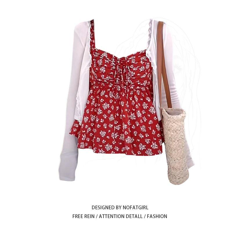 

Plus size Fat Sister Korean Series Gentle Wind Red Floral Small Sling Short Top Women Spring Short Cardigan Set Cardigan XL