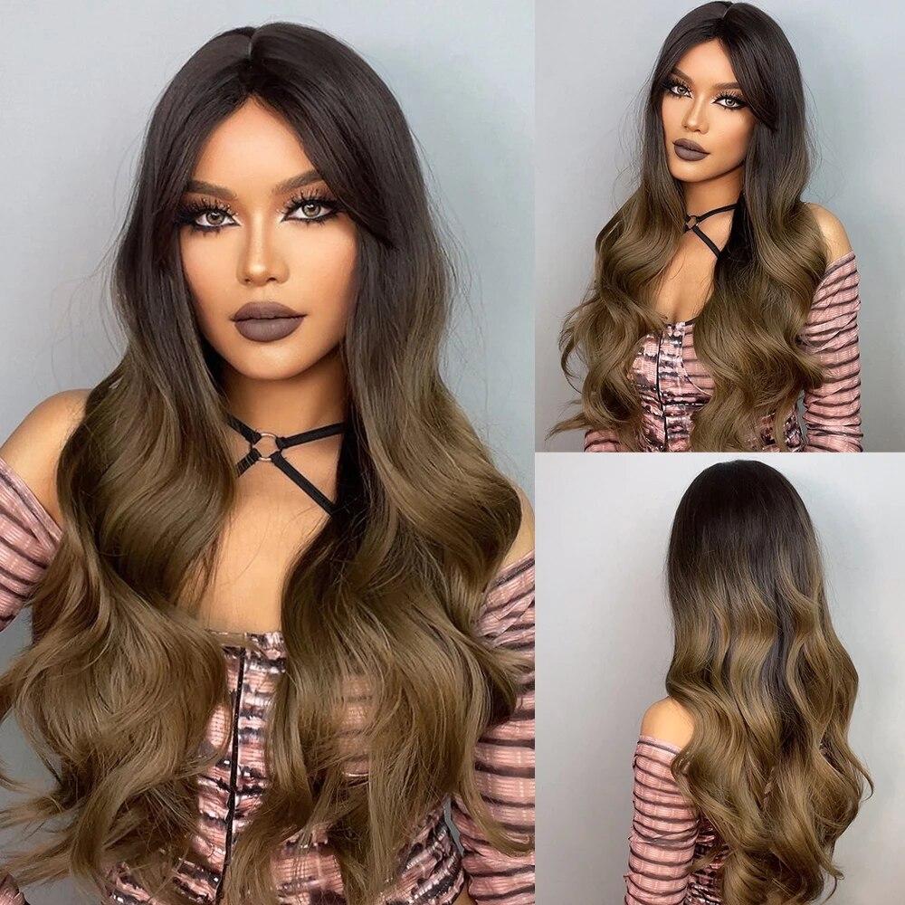 

Коричневые светлые омбре натуральные волосы парики для женщин длинные волнистые с темными корнями синтетический парик для женщин термостойкие парики Coaplay