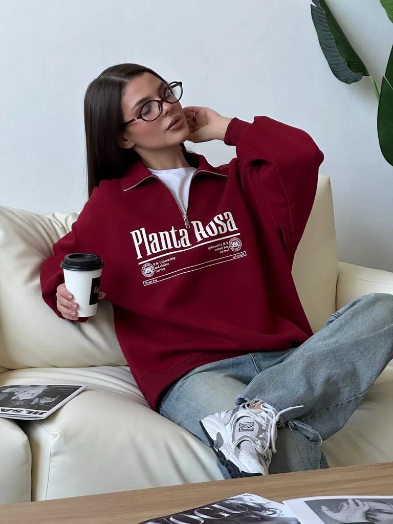 Lazy wind letter printing loose trend warm lapel half zipper sweater women