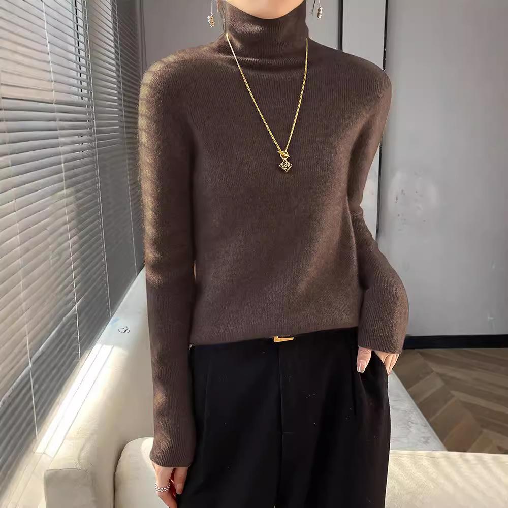 Women's Autumn Winter Pile Neck Knit Pullover Long Sleeve Slim-Fit Thin Inner High Neck Base Layer