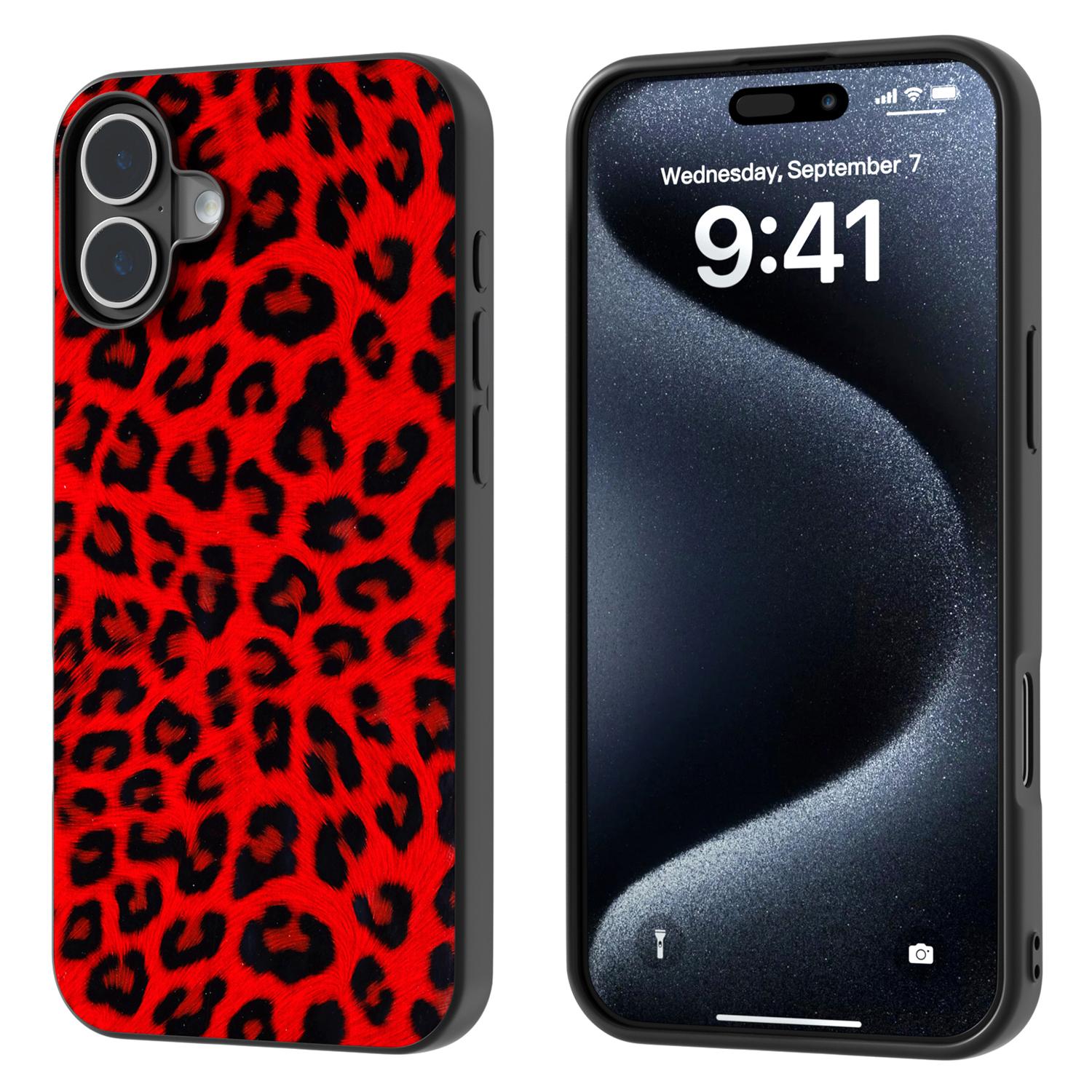 

For iPhone 16 Plus Case Leopard Print Leather+TPU Phone Cover Red
