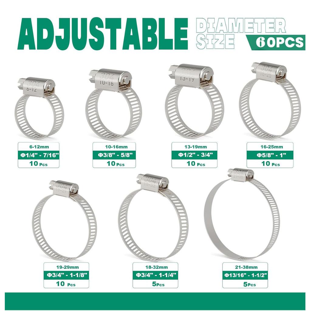 60PCS304 Stainless Steel American Throat Hoop Pipe Clamp Set 6mm-38mm Clamp Hoop Box