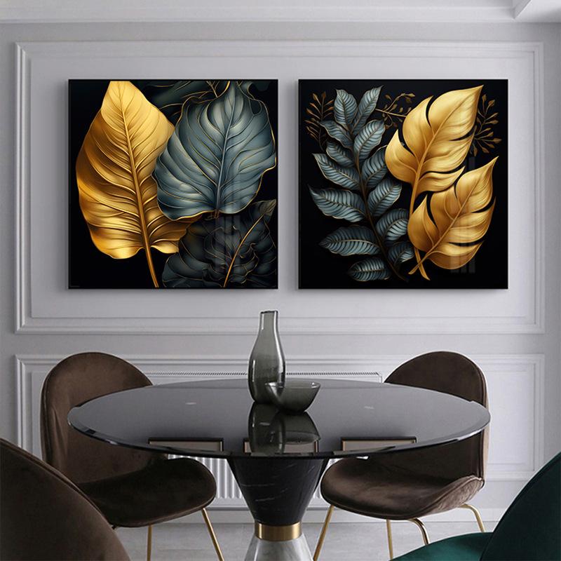 Wohnzimmer Sofahintergrund vergoldete Pflanzenbeleuchtung luxuriöses Dekorationsgemälde modern minimalistisches Esszimmer quadratisches rahmenloses Gemälde cor