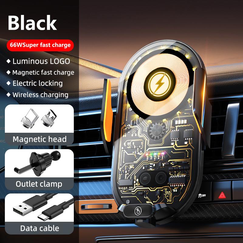 66W Magnetic Super Fast Wireless Car Charger, Auto Sensing Electric Clamp,Dashboard Air Vent Mount,Transparent Fast Charging for iPhone Samsung чёрный