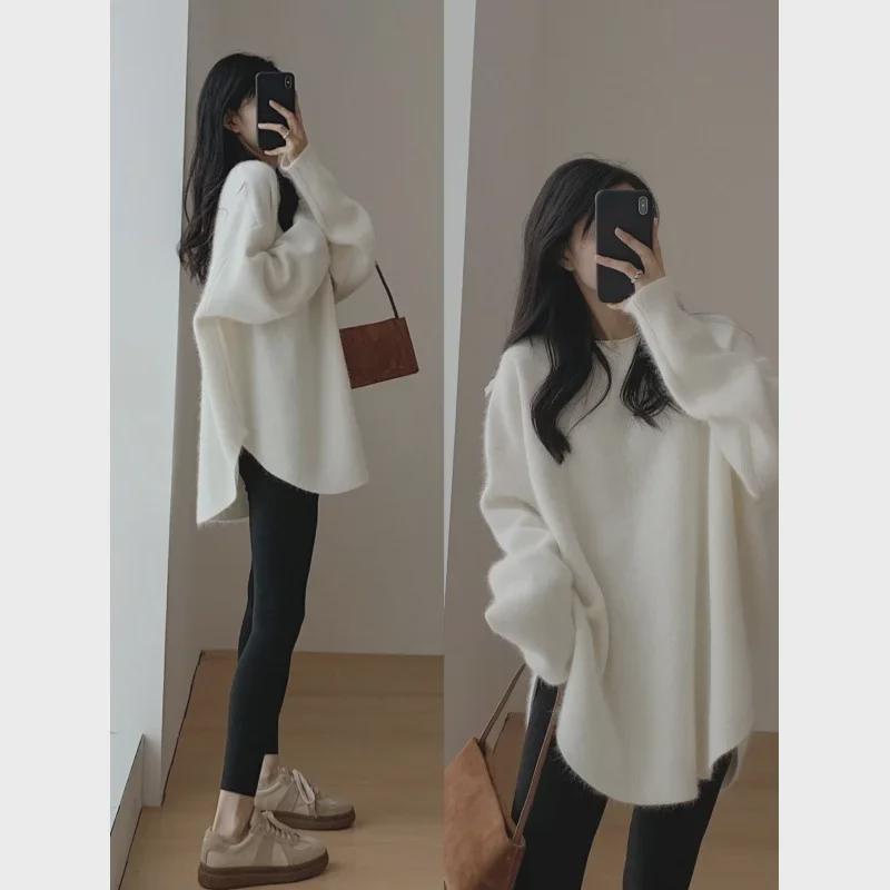 Women's Mid-Length Retro Japanese-Style Knitted Pullover Sweater for Autumn and Winter
