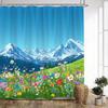1Pc Vibrant Alpine Meadow & Snow-Capped Mountains Shower Curtain - Tranquil Mountain View Design With Wildflowers, Azure Sky