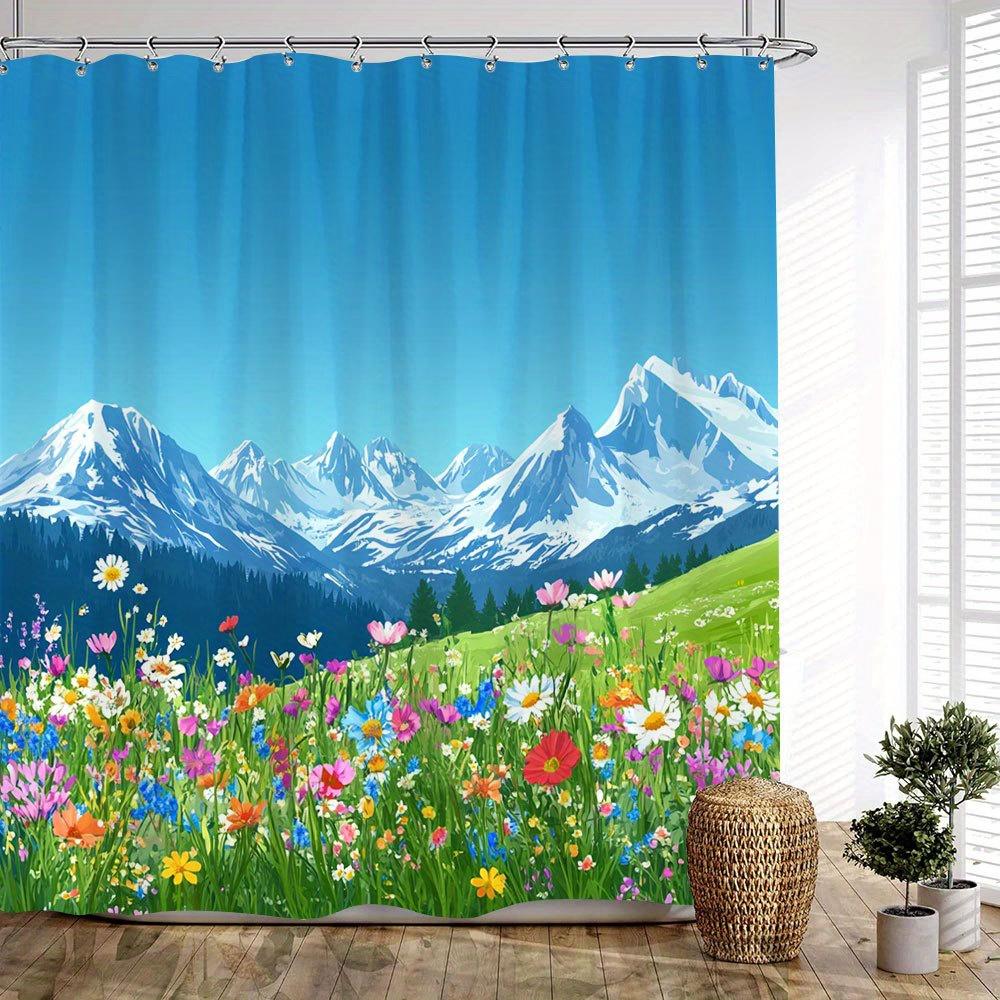 1Pc Vibrant Alpine Meadow & Snow-Capped Mountains Shower Curtain - Tranquil Mountain View Design With Wildflowers, Azure Sky