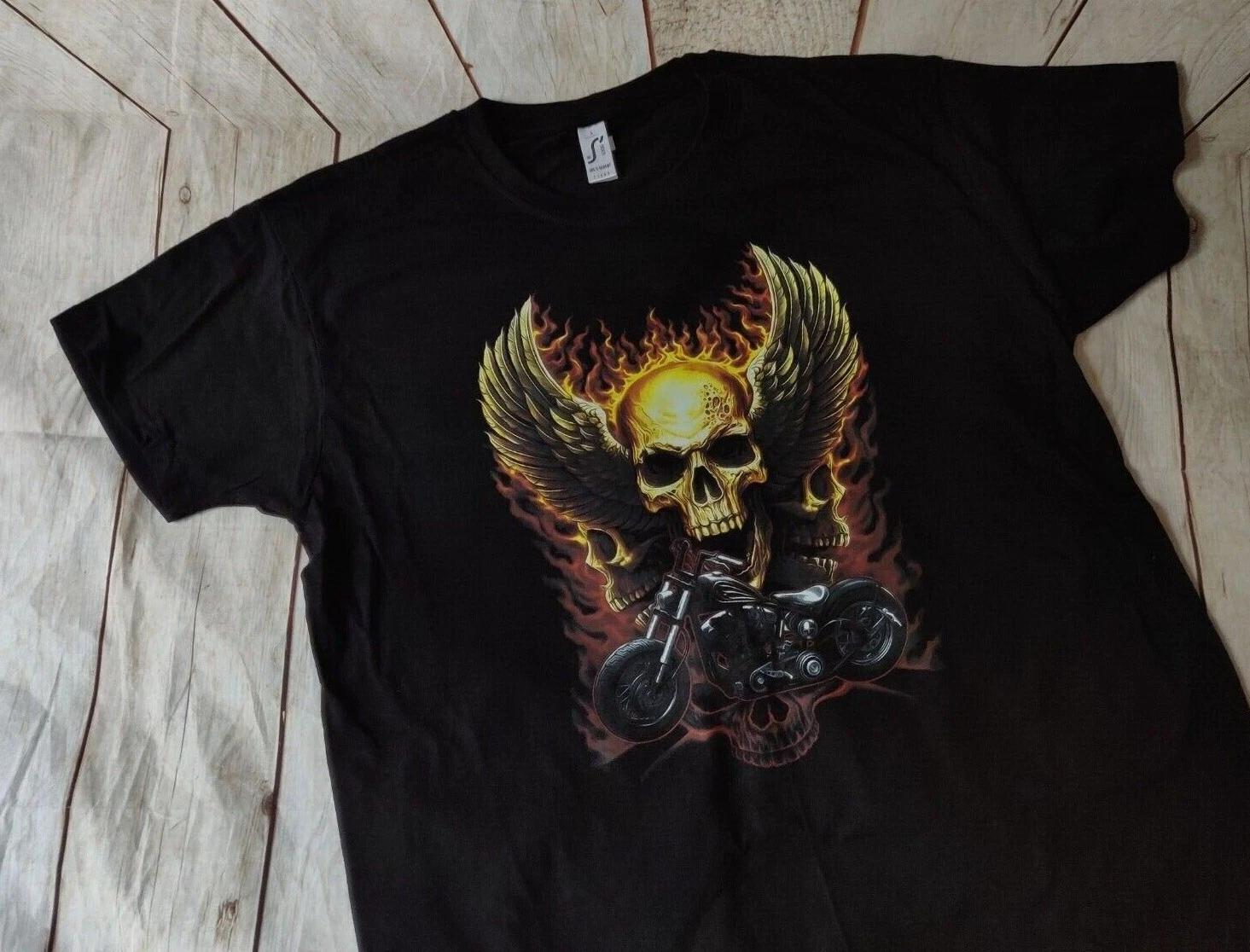 Motorcycle Skull and Flames Biker bikers t-shirt XL