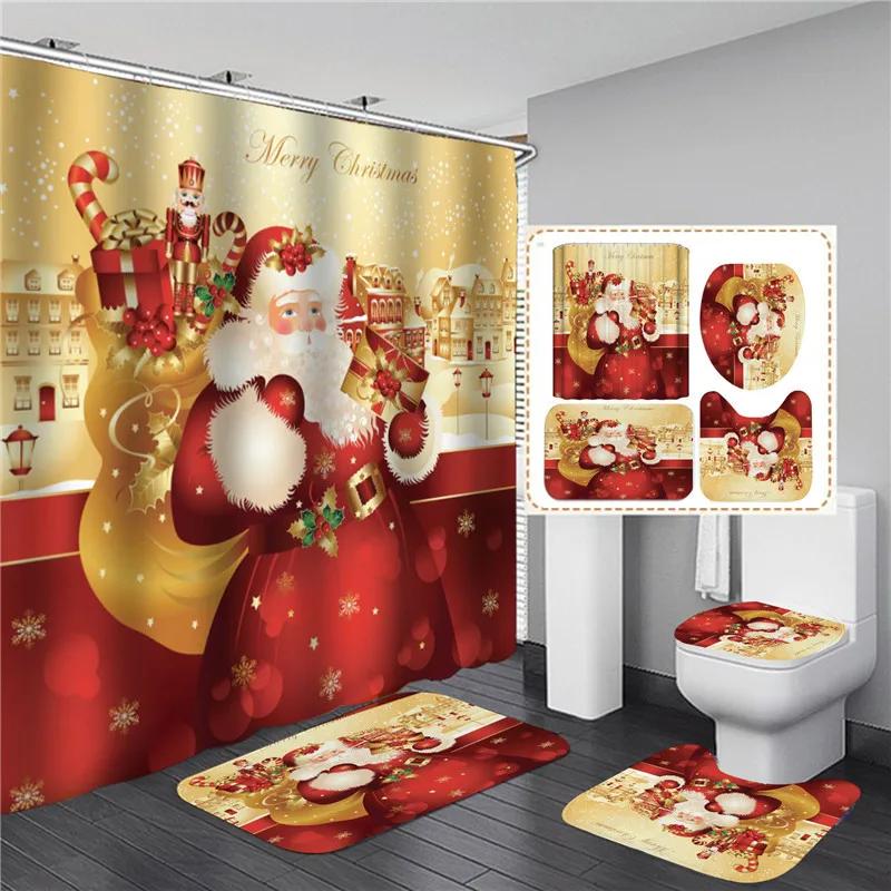 Red Santa Claus Printed Christmas Shower Curtain Set With Bath Mat Anti-Slip Carpet Bathroom Partition Waterproof Home Decor