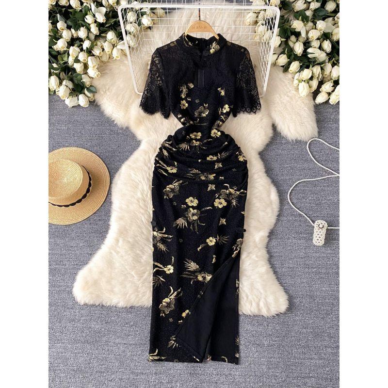 New Chinese Style Women's Clothing Dress 2024 Summer New Arrival Scheming Cutout Lace Stitching Bronzing Printed Cheongsam