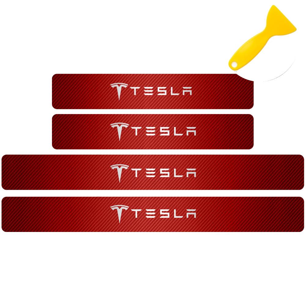 4pcs Car Anti Scratch Scuff Carbon Fiber Door Threshold Stickers for Tesla Model 3 Model S X Model Y Roadster SpaceX Cybertruck