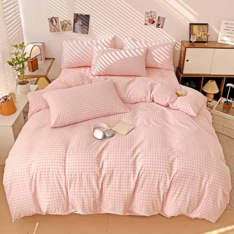 Cute Cartoon Bear Duvet Cover Set For Girls Child Room Decor Kawaii Strawberry Comforter Cover 3/4Pcs Washed Cotton Bedding Set