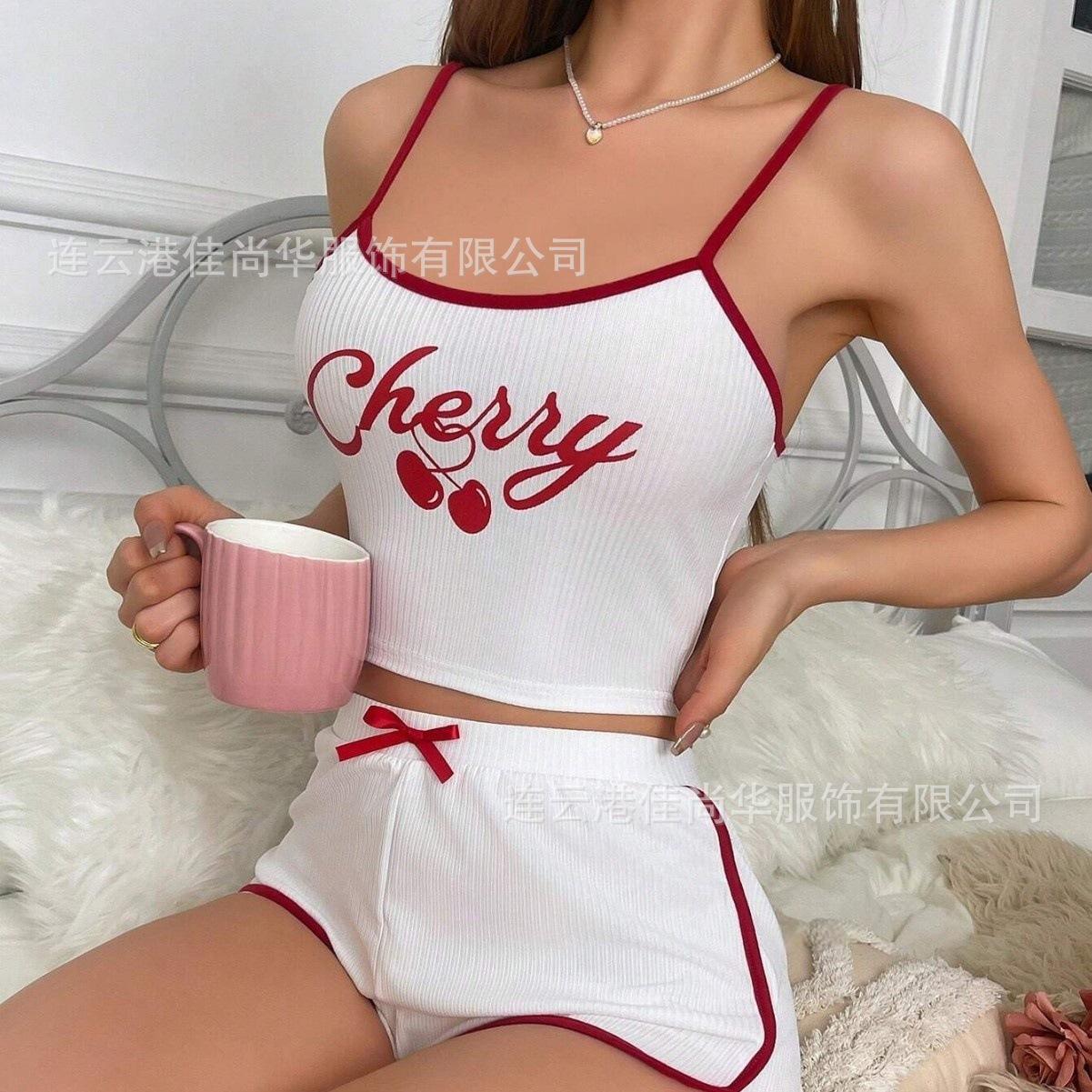 

European and American pure desire cherry print design sense sweet suspender shorts set loungewear sexy S белый