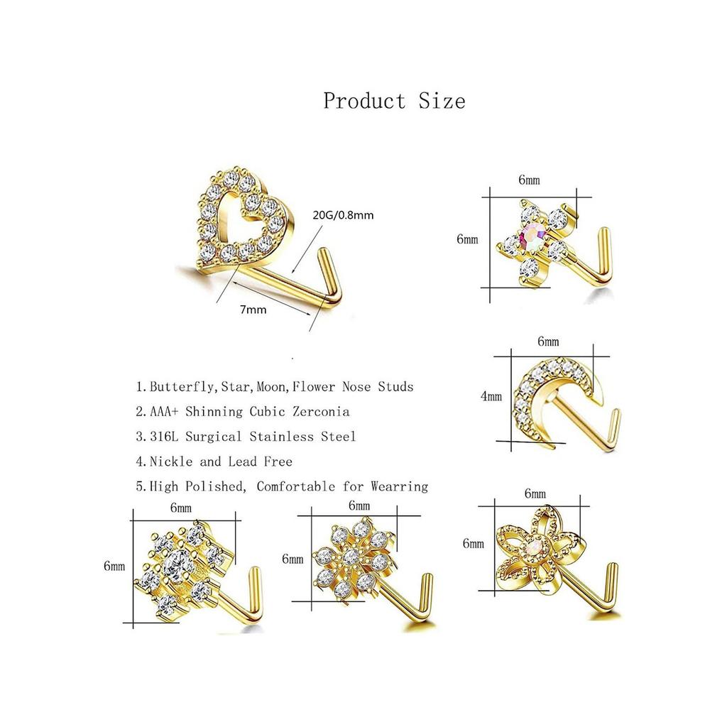 6Pcs 20G Stainless Steel L Shaped Nose Rings Hypoallergenic Flower Heart Star Nose Studs Piercing Jewelry Gift for Women
