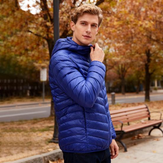 Men Down Coat Hooded Lightweight Warm Winter Jacket Long Sleeve Zipper Closure Windproof Cold Weather Outerwear