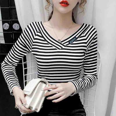 V-neck Long-sleeved T-shirt Women Spring and Autumn Striped Slim Slimming Net Red Super Fire Top