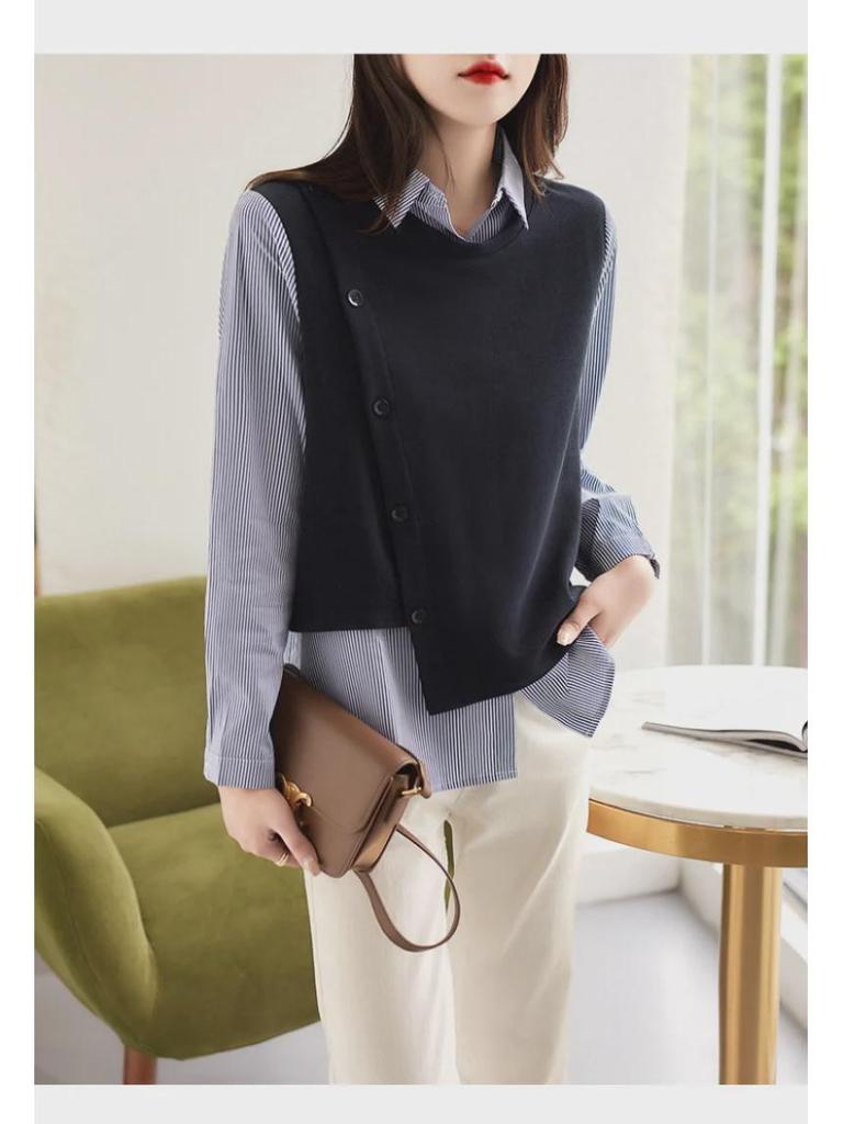 Women's Long Sleeve Striped Knitted Two-in-One Loose Top