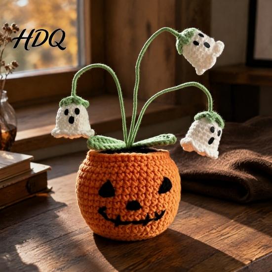 Halloween Knitted Ghost Ornament Handmade Crochet Pumpkin Pumpkin with Cute Bat Festive Home Accents for Flowers Planter Plant Tabletop Decoration