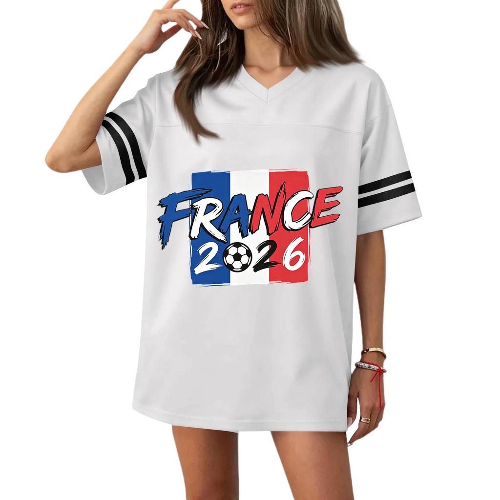 Women V Neck Short Sleeve Loose Fit Sports T Shirt with Flag Graphic and Number Print for Casual or Athletic Wear 2026