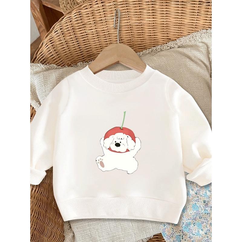 Kids Lightweight Crewneck Pullover Sweatshirt, Cartoon White Puppy Graphic Print 110