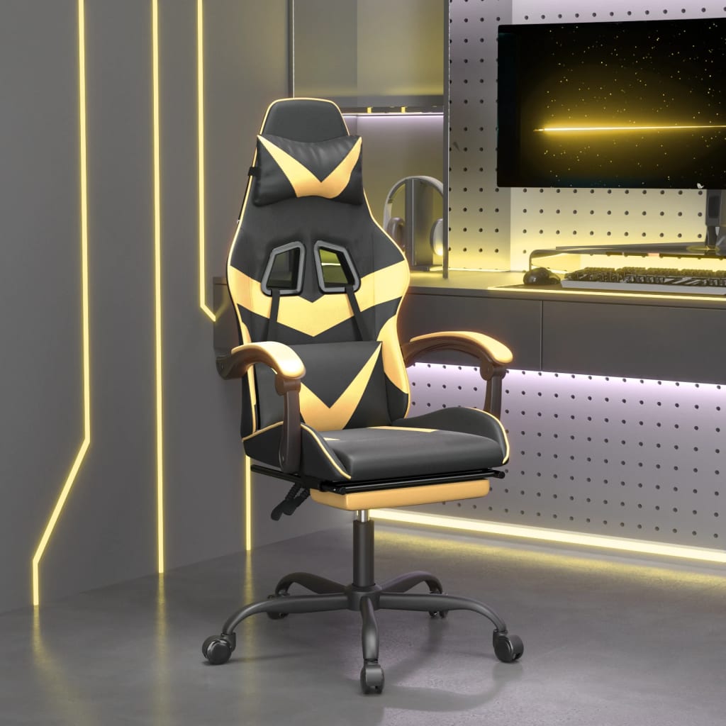 Gaming Chair with Footrest Swivel Black & Gold PU Leather
