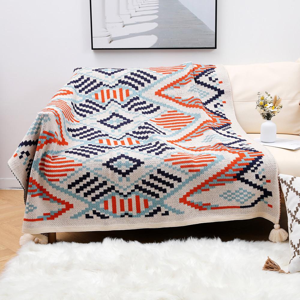 Boho Throw Blanket Ethnic Wave Tassel Knitted Sofa Cover Blanket Window Air Conditioning Blanket Cozy Office Home Napping Blanket