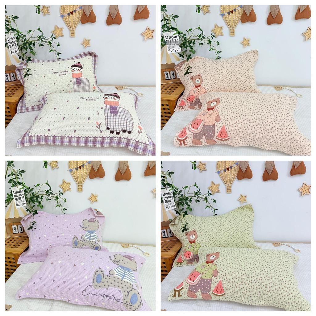 Cartoon Cotton Gauze Pillowcase Set: Soft, Breathable, Sweat-Absorbent Pillow Covers.