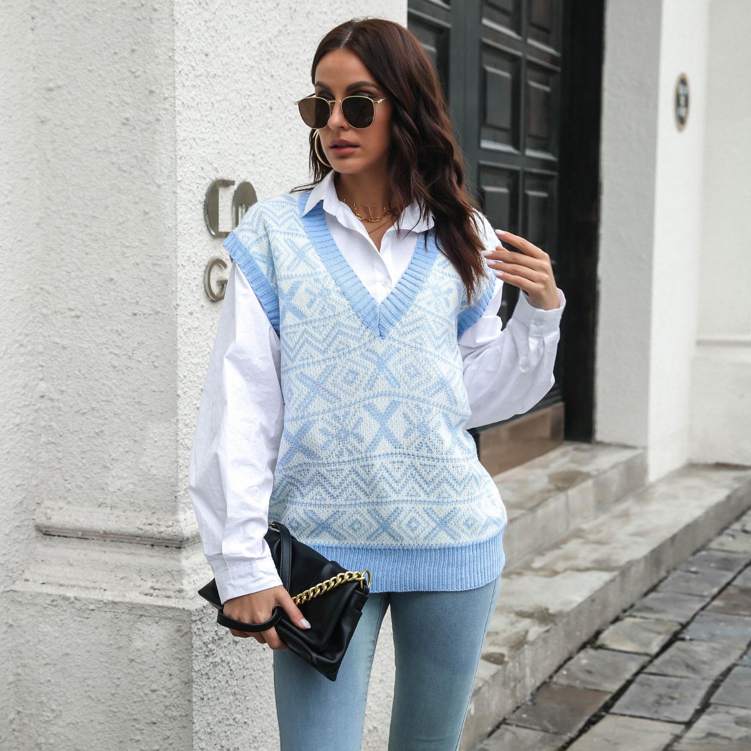 

QICED женские модные повседневные рождественские принты осенне-зимние вязаные жилеты без рукавов с v-образным вырезом L синий