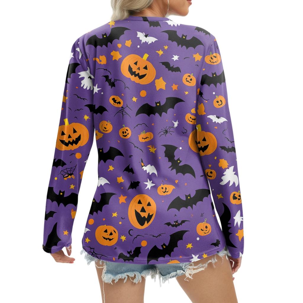 Women's Casual Fashion Sexy Comfort Halloween Printed V-Neck Button Long Sleeve