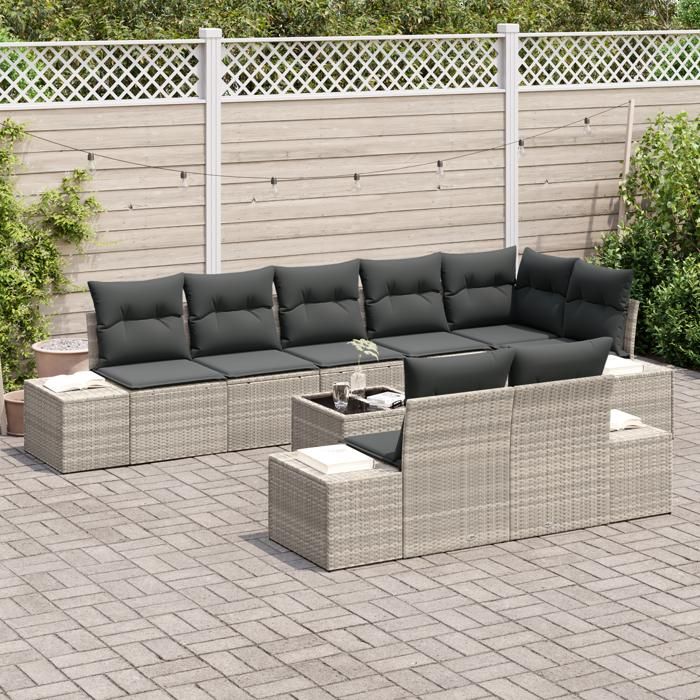 VidaXL Ensemble de canapé de jardin 9 pcs Gris clair polyrotin, Salon de jardin, canapé modulaire moderne 3355791