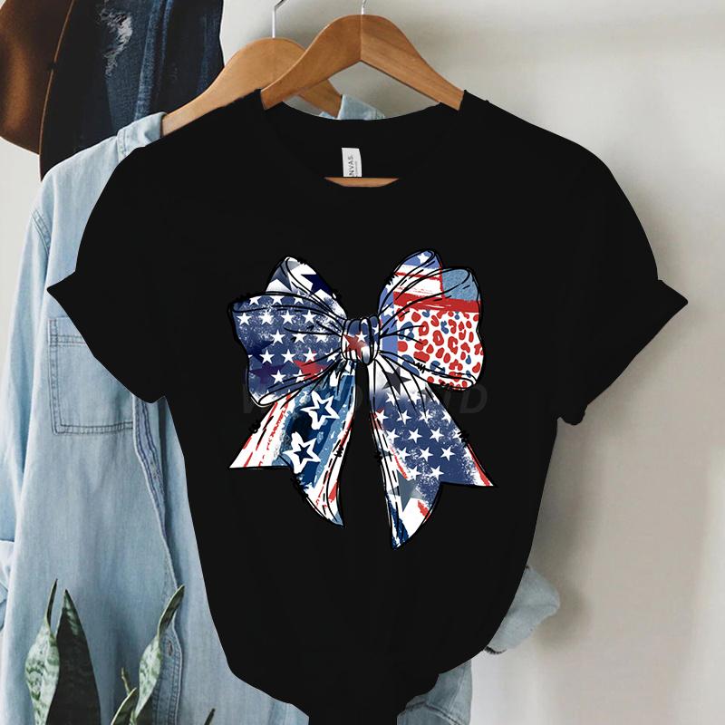 USA Flag Coquette Bow Design Woman T-shirts July 4th Crew Neck Summer Clothes Men 4th of July Coquette Bow Shirts and Blouses