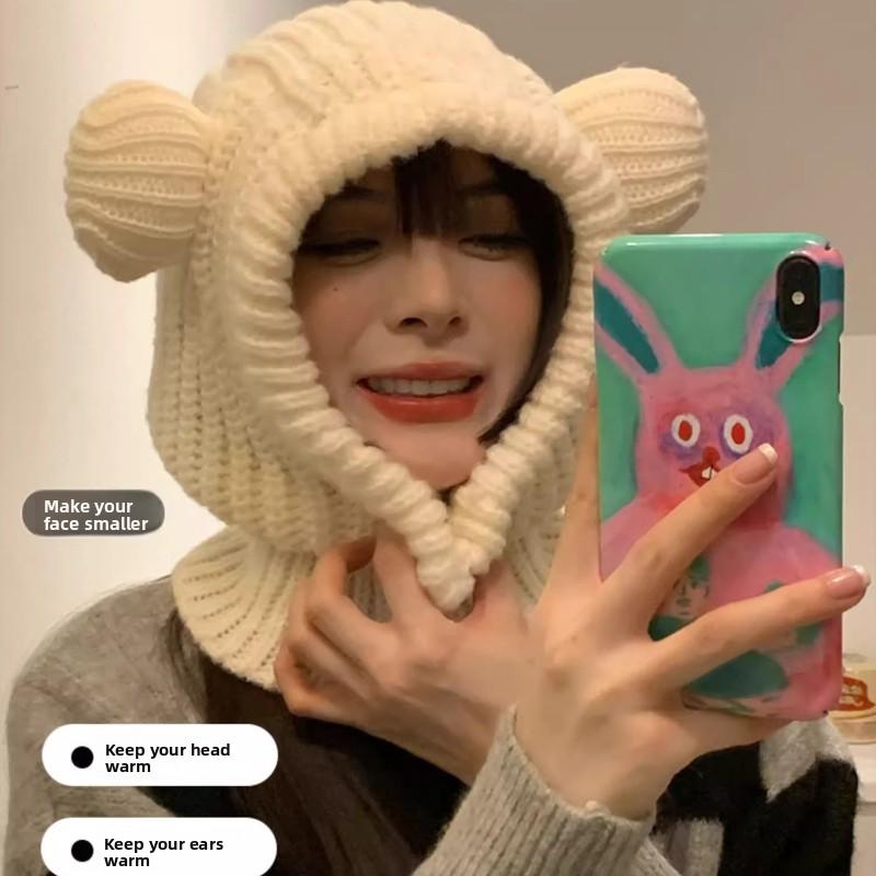 1PC Y2K Winter Warm Knit Balaclava Hat Women Cute Bear Warm Beanie Hooded Scarf Beanie Hat Skull Cap Collar Neck Cover Pullover