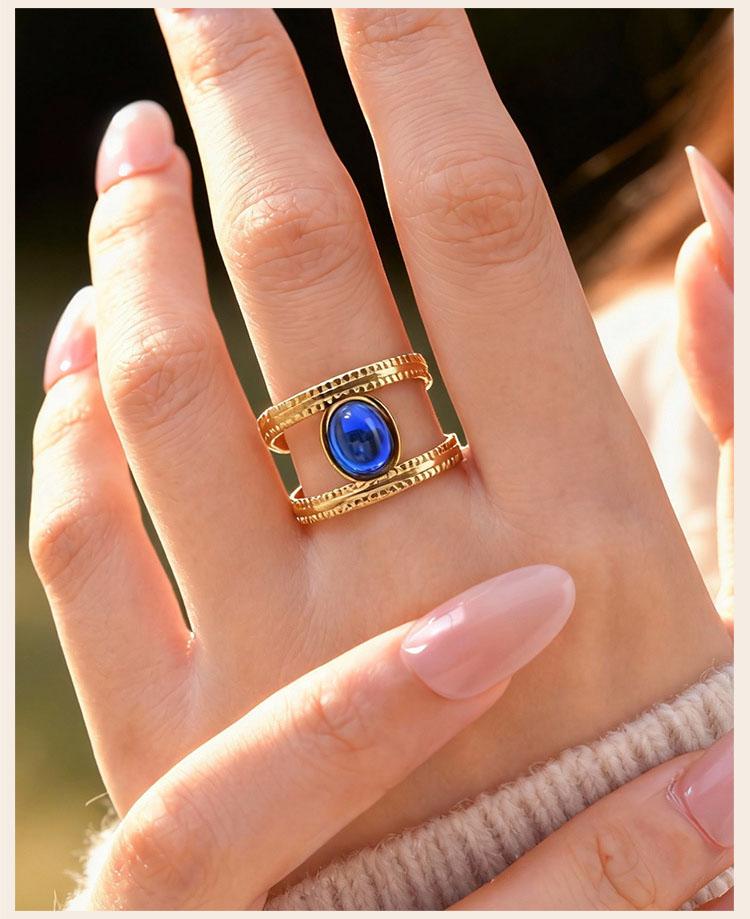 Waterproof Stainless Steel Rings for Women, Double Layered Open Adjustable Oval Nature Stone Bohemian Stylish Fashion Jewelry