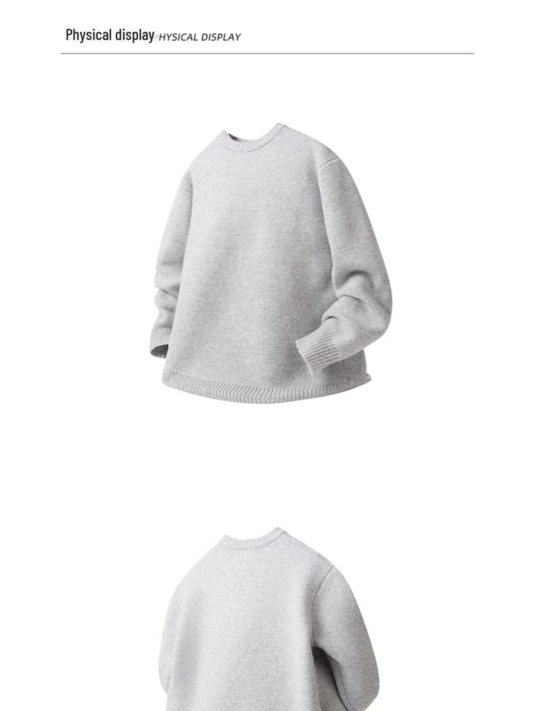 סוודר סריג גברים בצבע אחיד עם צווארון עגול - כתף ירודה, חם, רב-תכליתי, סגנון עצלני, ביגוד חיצוני מעובה לאביב ולסתיו.