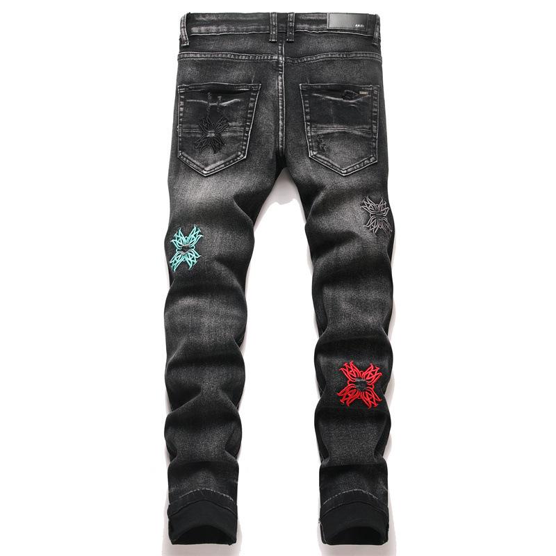 Style Korean Black Slim Stretch Breakthrough Close-fitting Embroidered Young Slim Mens Jeans 8271